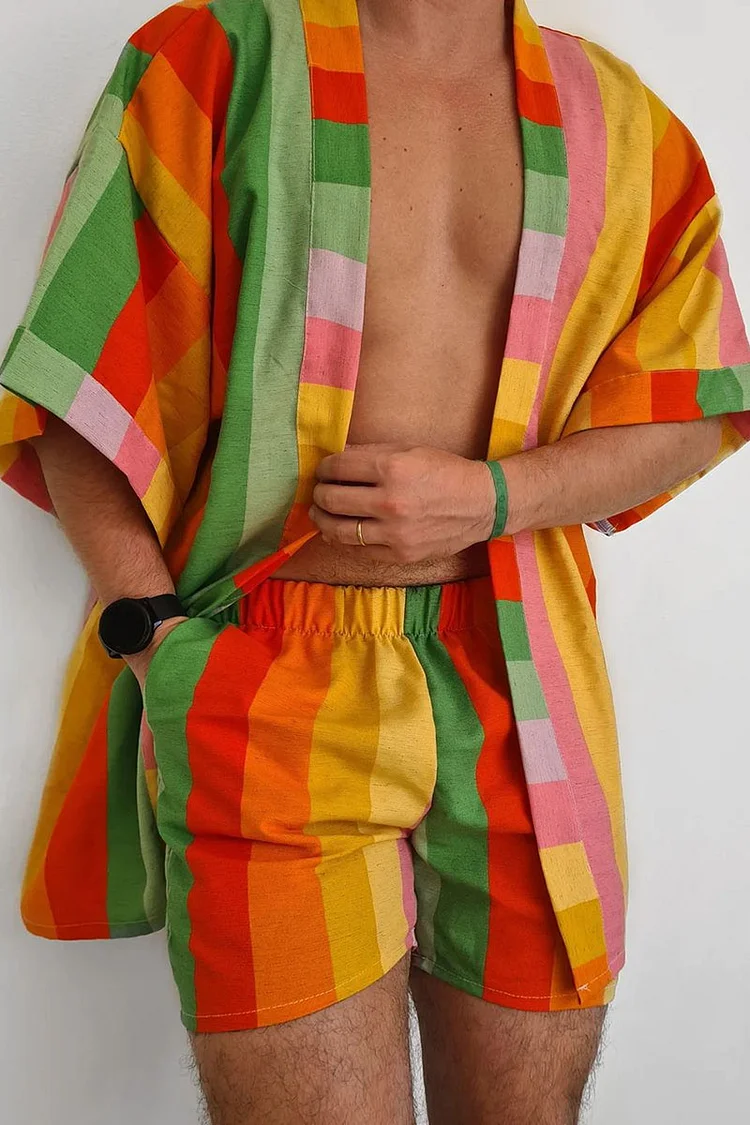 Rainbow Stripe Print Festival Loose Kimono Shorts Two Piece Set [Pre-Order]