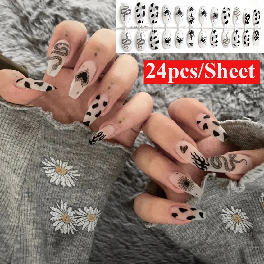 24PCS Dark Punk False Nails with Glue Gradient Long Detachable Fire Dragon  on Nails Skull Flame Art DIY Fashion Manicure Tool-Nail Inspo