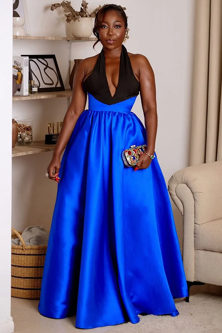 Halter Deep V Neck Colorblock Formal Party Maxi Dresses-Blue [Pre Order]