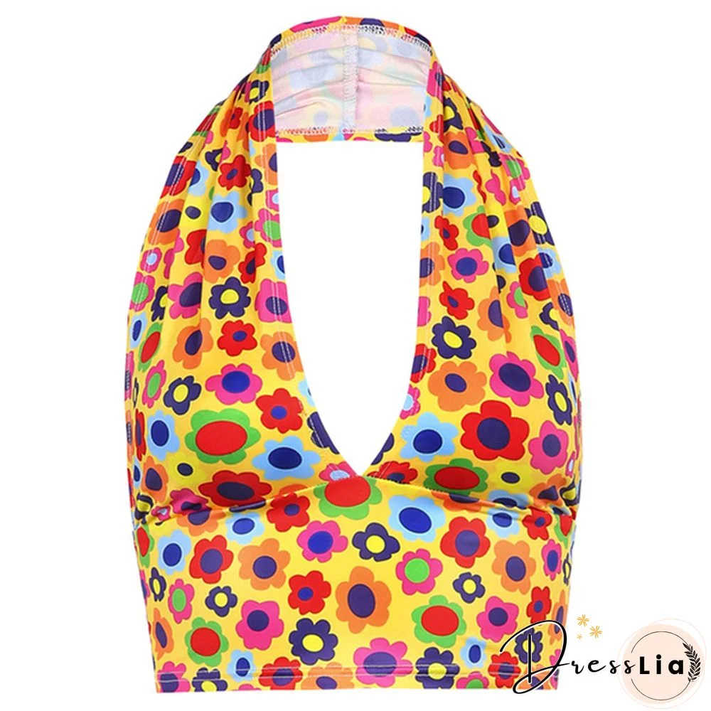 Women Halter Deep V Neck Sleeveless Crop Top Summer Holiday Fashion Floral Print Camisole Backless Vest
