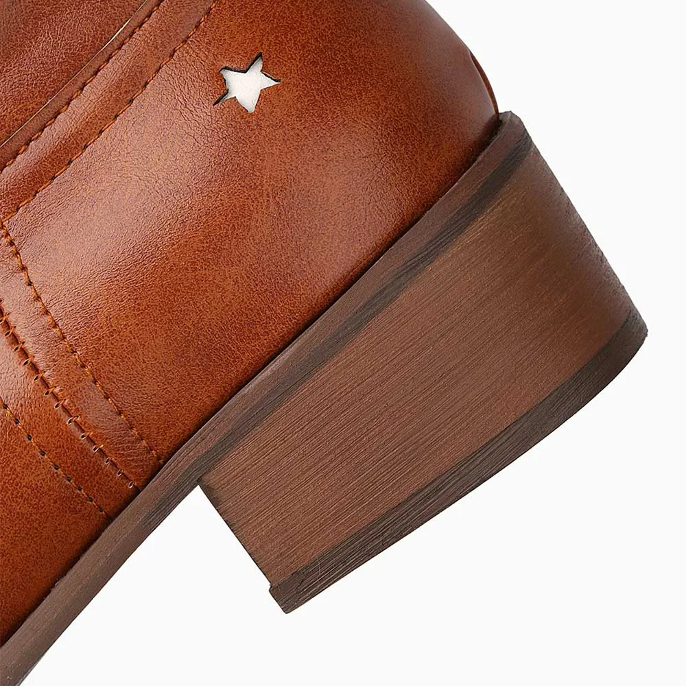 Brown Square Toe Chunky Heel Pull On Star Hollow-Out Cowgirl Boots