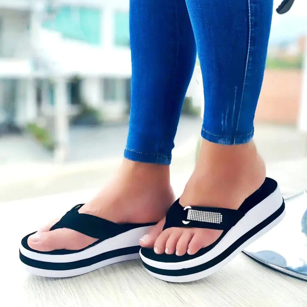 Qengg Plus Size Women's Shoes 2022 Rhinestone Platform Sandals Women Wedge Slippers Summer Flip Flops Height Increase Beach Slippers