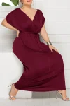 Plus Size Elegant Lace Up Solid Deep V Neck Maxi Dress