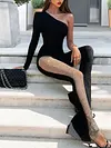One-Shoulder Solid Color Split-Joint Mesh Long Sleeve Fashion Jumpsuit