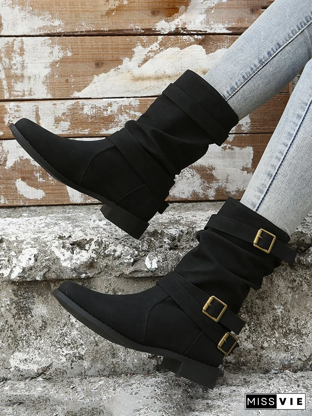 Ruched Buckle Casual Leather Booties