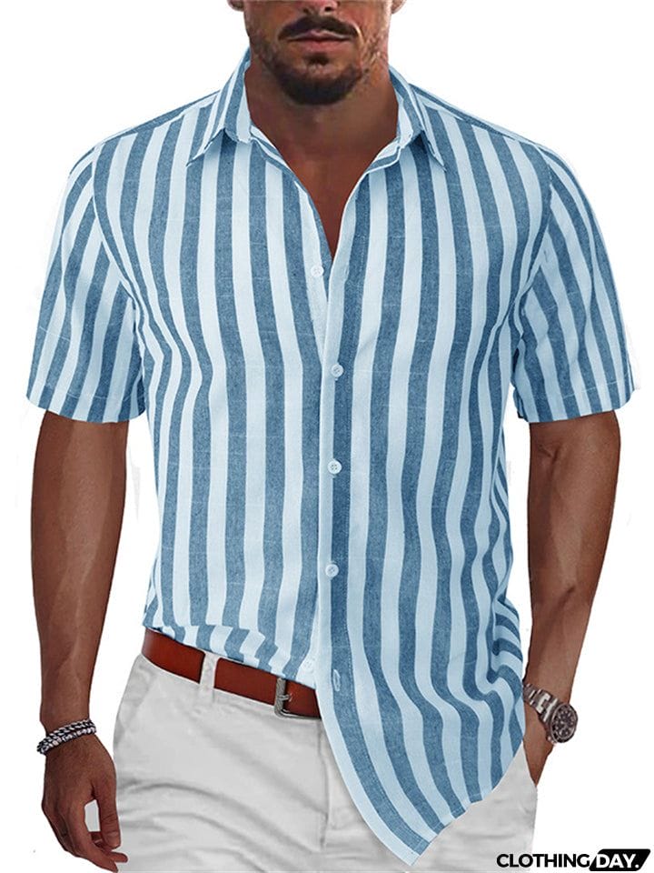 Men's Summer Classic Stripe Lapel Short Sleeve Button Beach Shirts