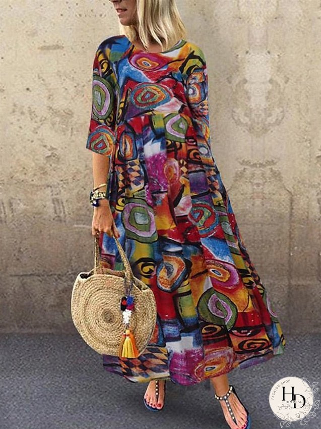 Casual Dress Swing Dress Boho Dress Long Dress Maxi Dress Black Red Half Sleeve Graphic Pleated Winter Fall Spring Crew Neck Fashion Daily Vacation Fall Dress S M L XL 2XL 3XL 4XL 5XL for Women