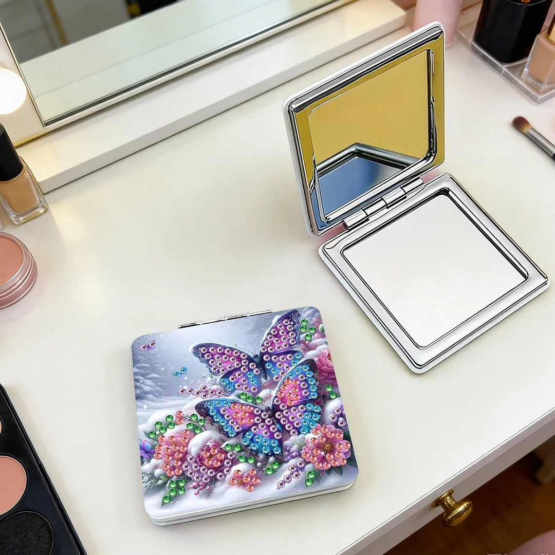 Butterfly Flowers DIY Special Shaped Diamond Painting Compact Mirror Kits Diamond Art Painting Pocket Mirror for Beginners Adults Art Craft Woman Gifts