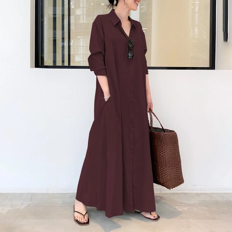 2022 ZANZEA Women Shirt Dress Autumn Lapel Neck Long Sleeve Maxi Sundress Elegant Office Work Solid Long Vestidos