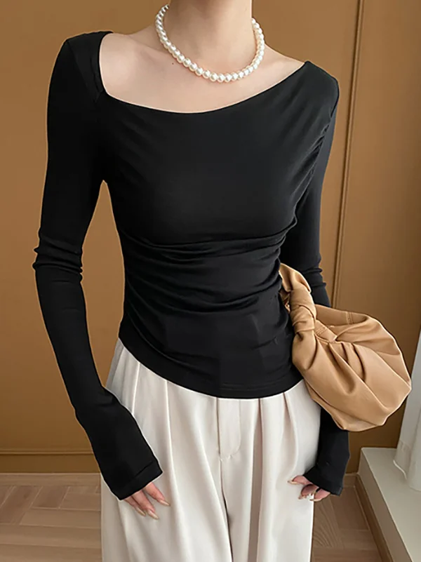 Long Sleeves Skinny Solid Color Asymmetric Collar T-Shirts Tops