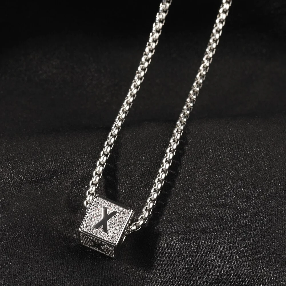 Iced Out Square Numbers&Initial Block Letters Pendant Necklaces-VESSFUL
