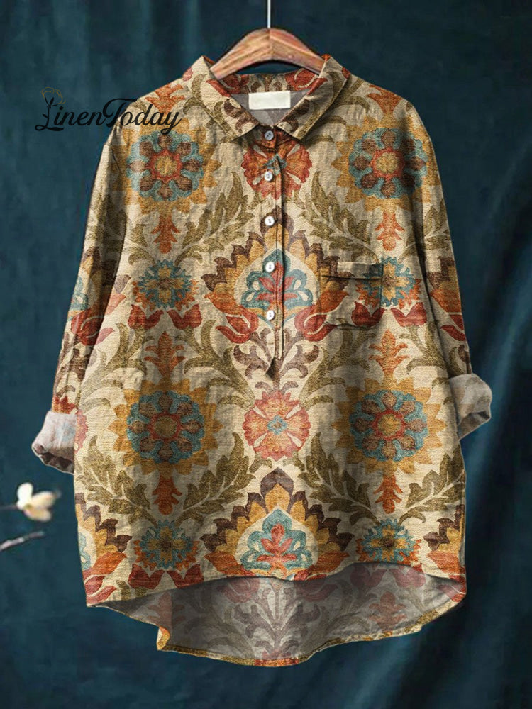 Women’s Vintage Ethnic Floral Art Print Casual Cotton And Linen Shirt Multicolor / S