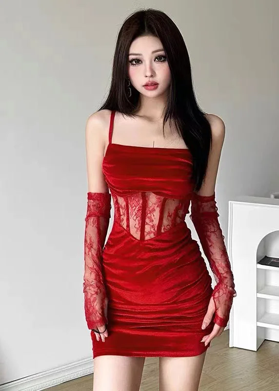 Trendy Red Lace Patchwork Wrinkled Velvet Suspender Dress