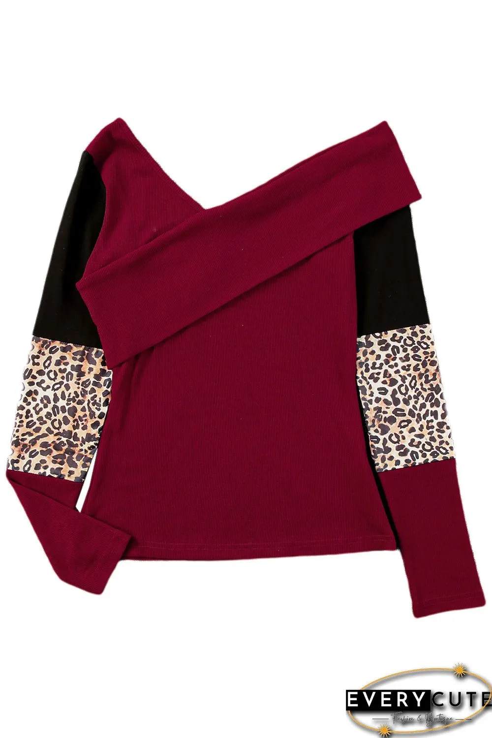 Red Leopard Color Block Ribbed Cross Wrap Top