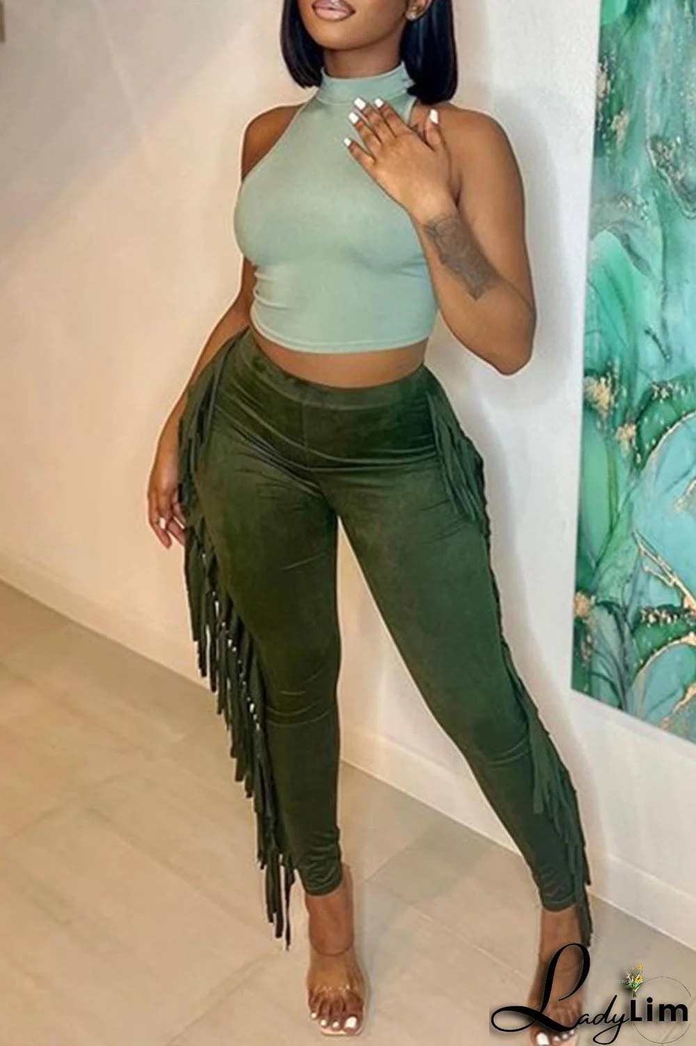 Black Fashion Casual Solid Tassel Regular High Waist Pencil Trousers