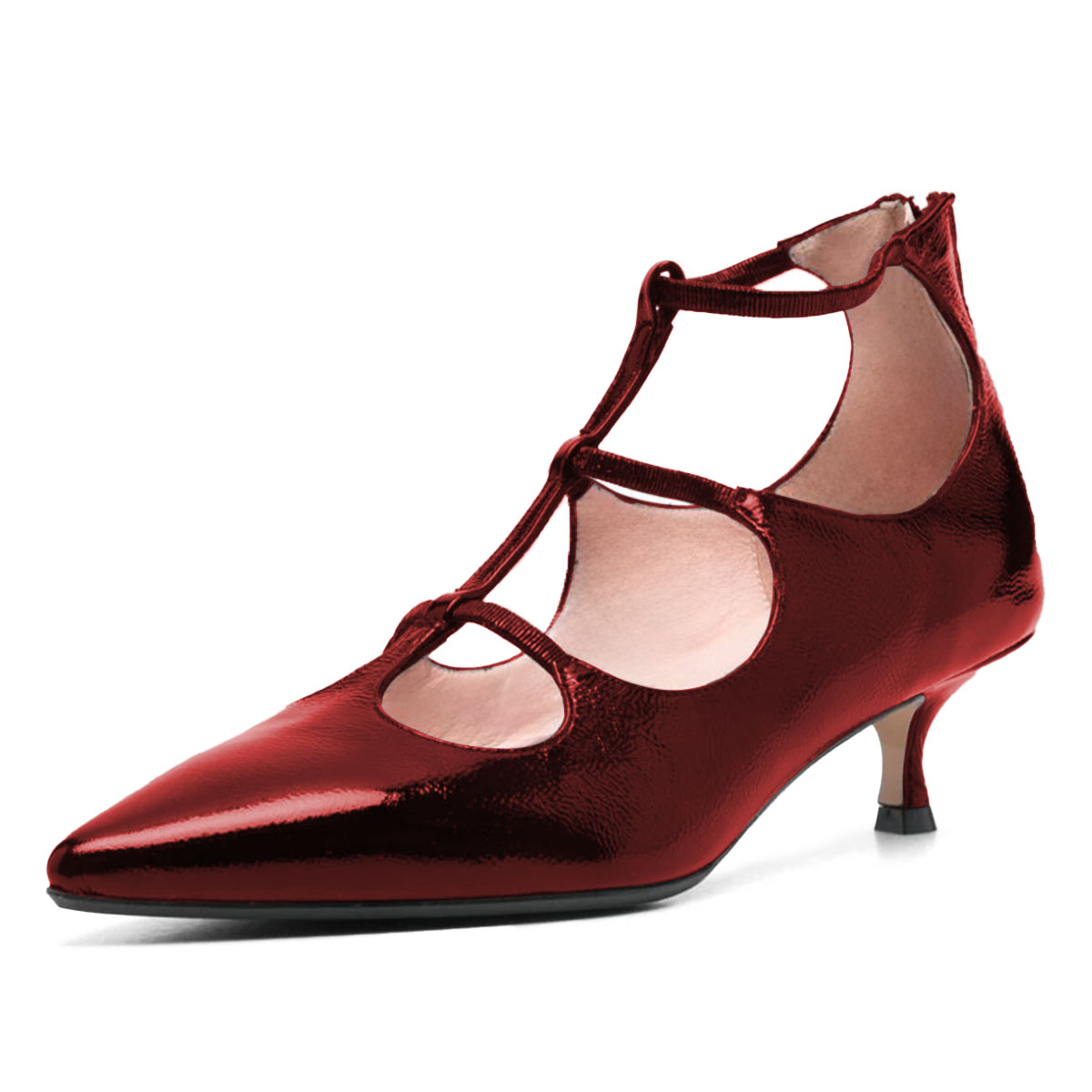Red T-Strap Pointed Toe Kitten Heel Pumps Shoes with Back Zipper Nicepairs
