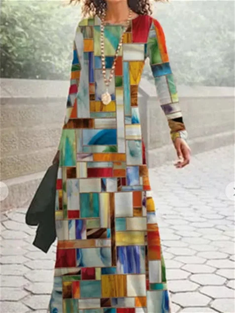 Women's Graphic Ethnic Print Scoop Neck Long Sleeve Midi Dress
