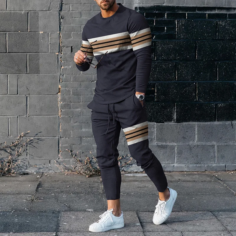 Fashionable And Simple Stripe Stitching T-Shirt And Pants Co-Ord