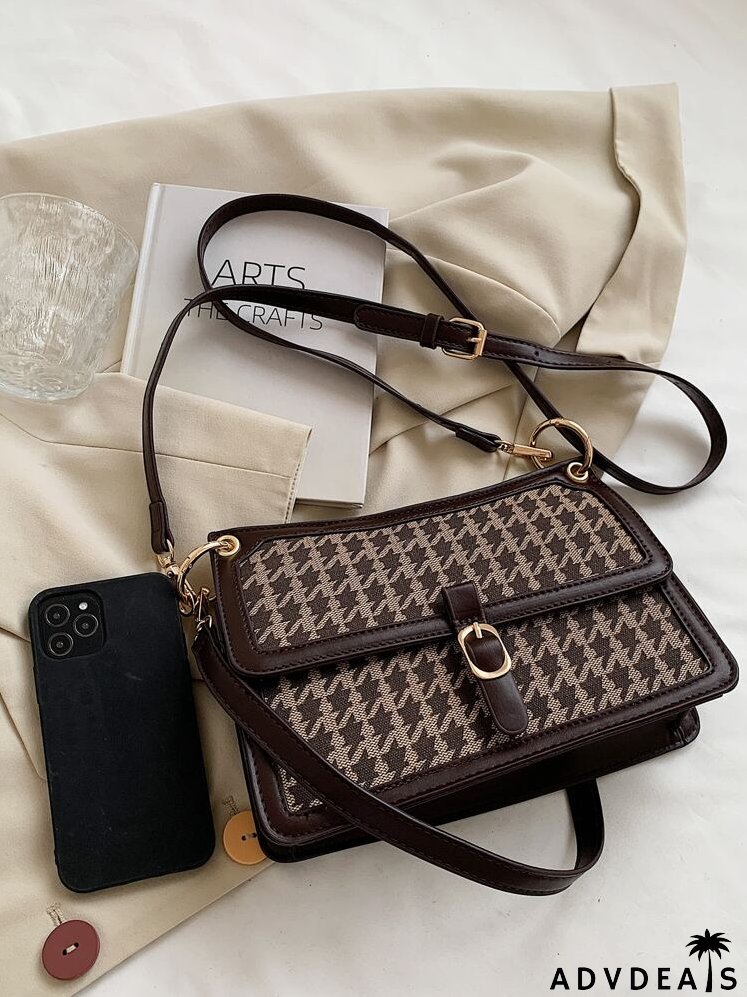 Contrast Binding Houndstooth Pattern Square Bag