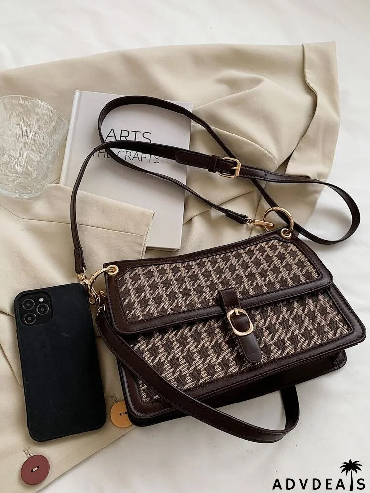Contrast Binding Houndstooth Pattern Square Bag