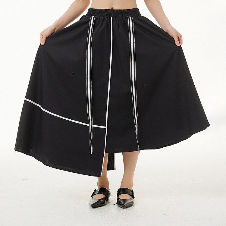 Fashion Black White Line Asymmetrical Hem Skirt            