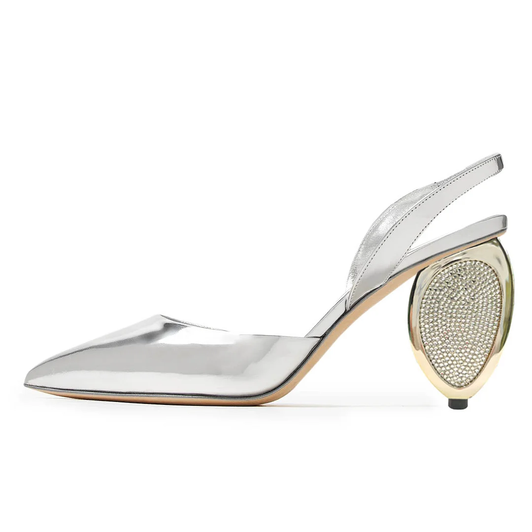 Patent Leather Pointed Toe Slingback Sculptural Heel Silver Pumps