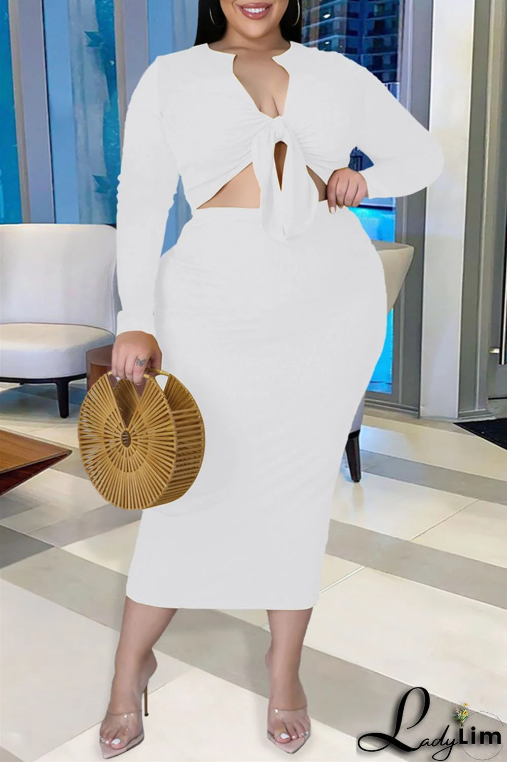 Pink Sexy Casual Solid Bandage V Neck Plus Size Two Pieces