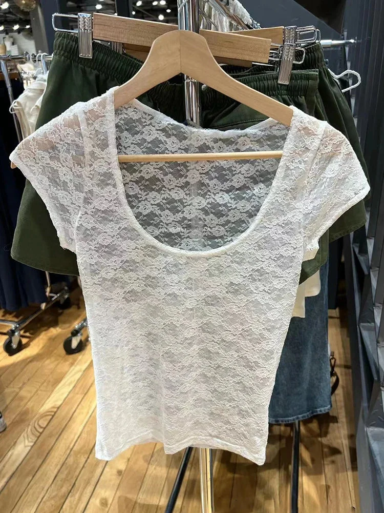 Nncharge Lace Sexy See Through T-shirts Casual Summer Scoop Neck Streetwear Short Sleeve Tees Women Vintage Sweet Slim Crop Top Y2k