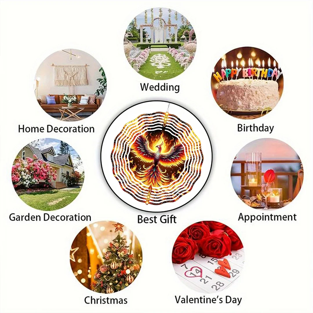 3D Hanging Wind Spinner 360 Degree Rotating 10-Inch Garden Wind Spinners Hanging Wind Catcher Art Gift for Home Garden Halloween Christmas (Phoenix)