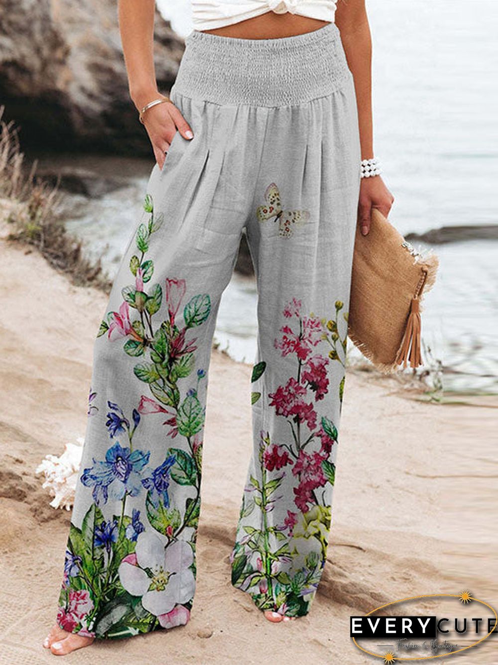 Women'S Pants Printed High Waist Slip Pocket Straight Pants