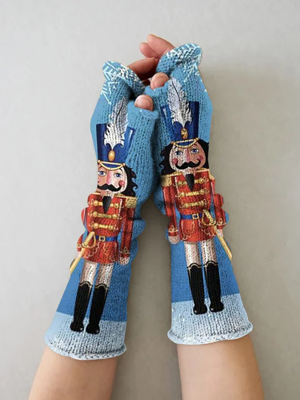 Christmas print vintage knit fingerless gloves