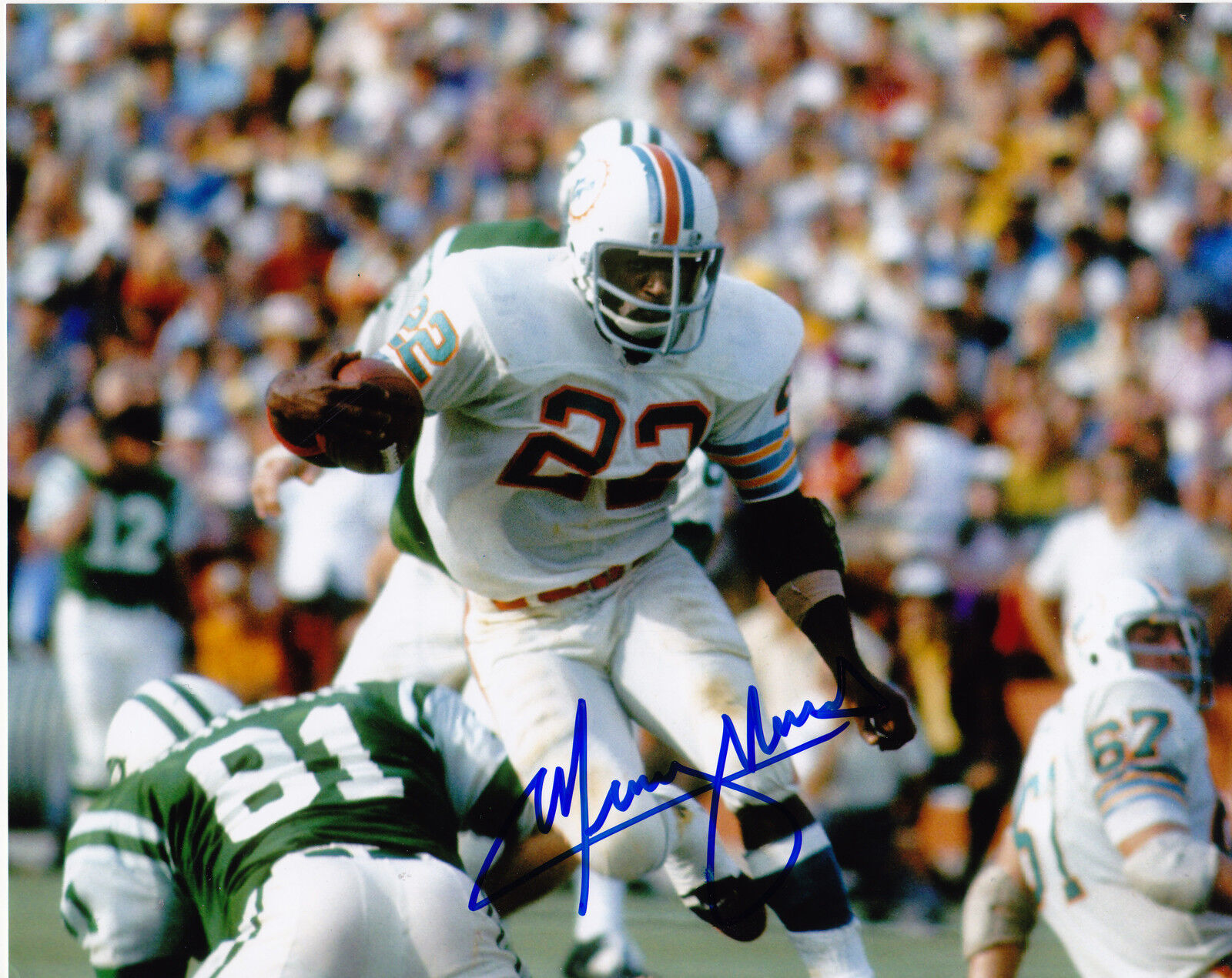 MERCURY MORRIS MIAMI DOLPHINS ACTION SIGNED 8x10