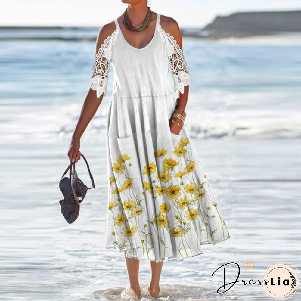 Vintage Floral Print Pocket Dress-Womens Casual Lace Patchwork Neck Hollow Lady Fashion