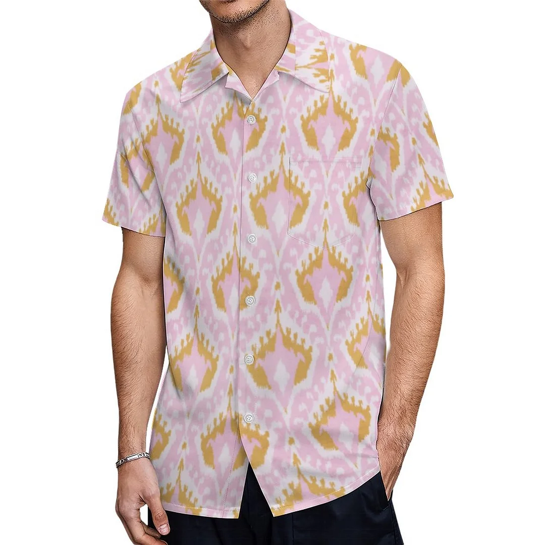 Short Sleeve Girly Gold And Pink Ikat Tribal Hawaiian Shirt Mens Button Down Plus Size Tropical Hawaii Beach Shirts