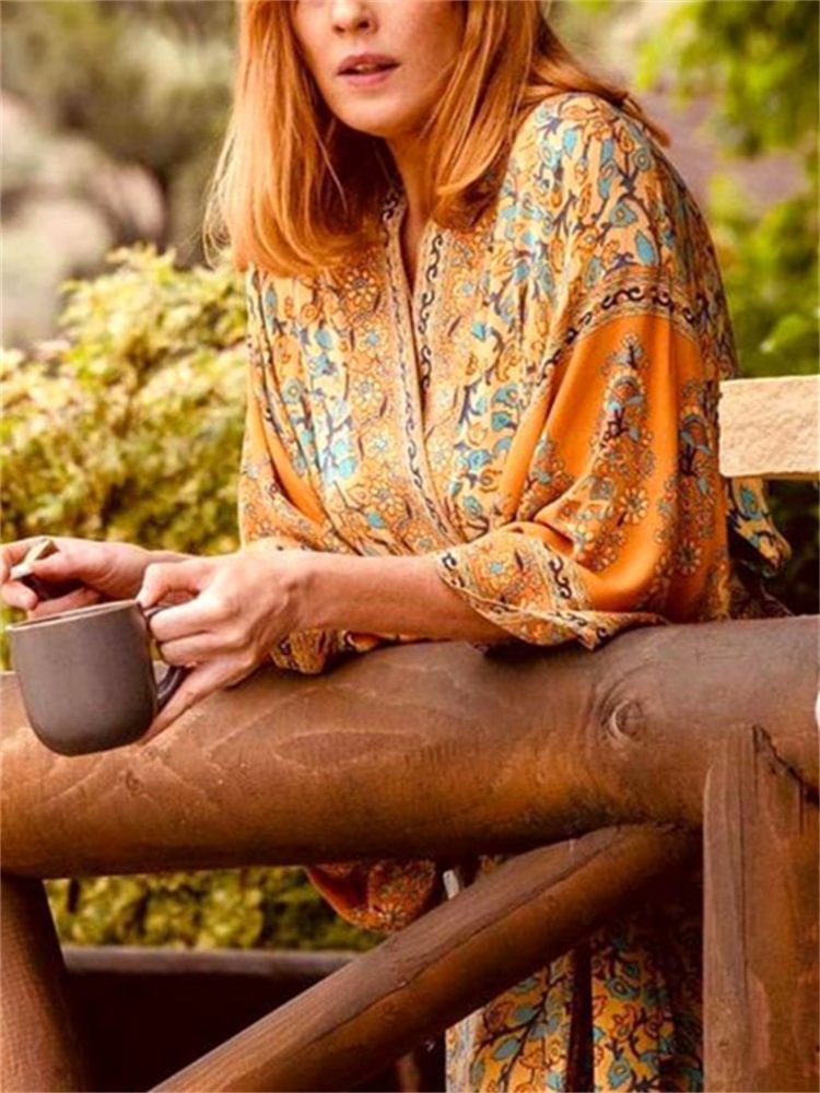 Vintage Classic Boho Floral Kimono Duster