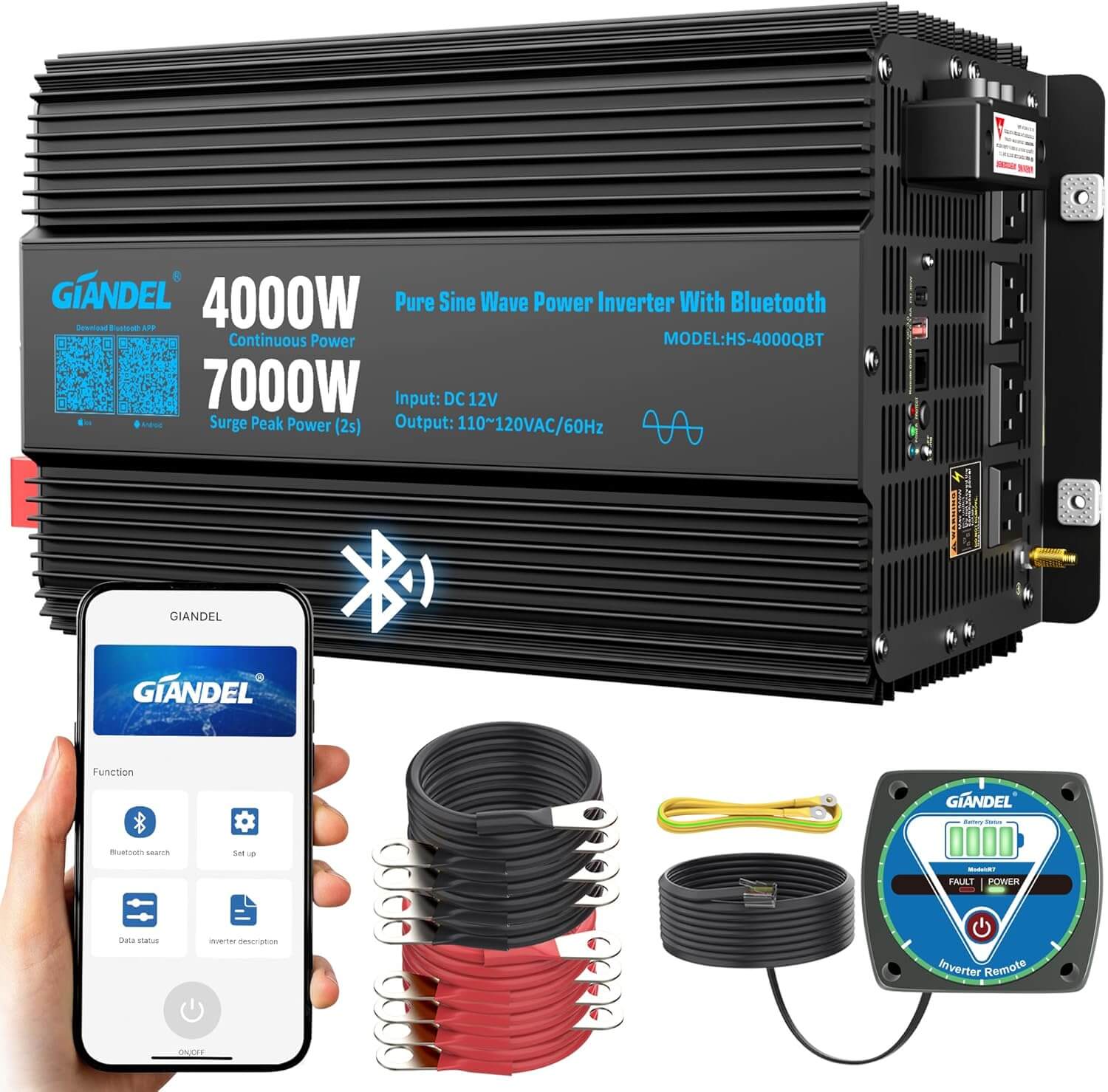 4000W Pure Sine Wave Power Inverter 12V to 120V AC,7000W Surge Bluetooth Control