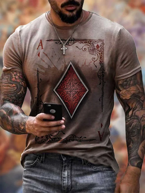 Playing Card Printed Round Neck Loose T-shirt