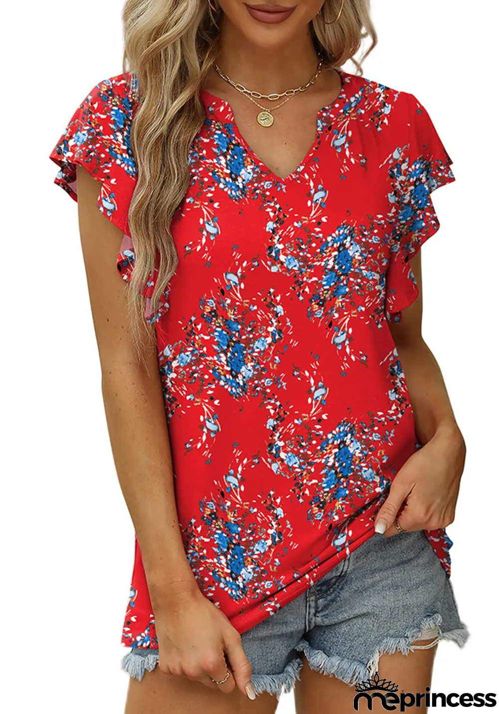 Summer Sexy V-Neck Ruffled Solid Color Short-Sleeved T-Shirt