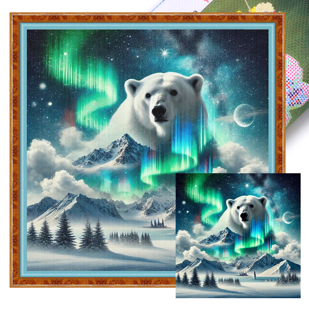Aurora mountain polar bear Full 11CT Pre-stamped Canvas(50*50cm) Cross Stitch