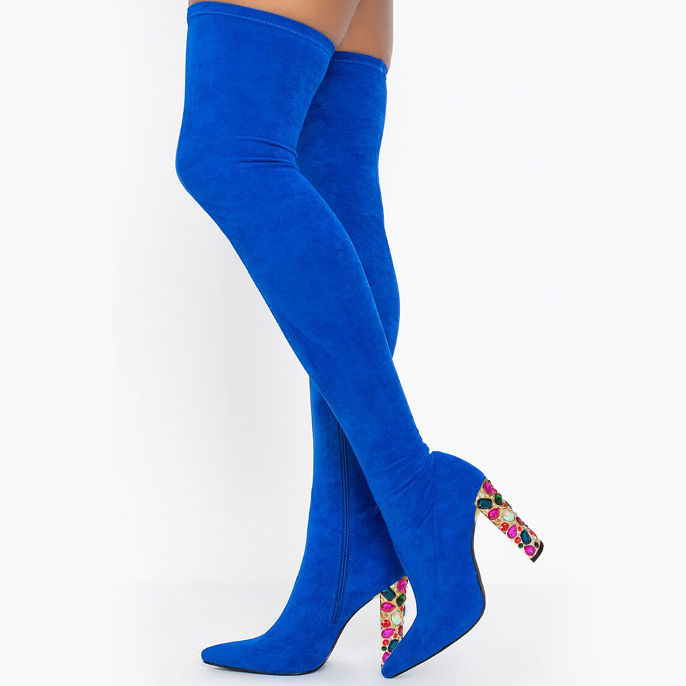 Royal Blue Vegan Suede Pointed Toe Tights Thigh High Heeled Boots Nicepairs