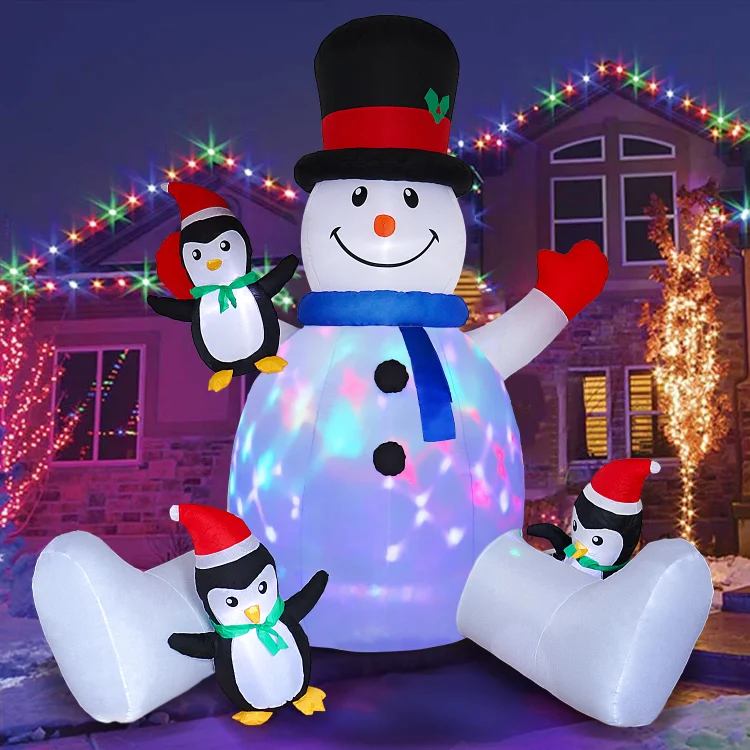 7FT Christmas Inflatables Decoration LED Lights Embrace Snowman with Three Penguins Outdoor Decorations, Blow up Yard Decor, Weatherproof Holiday for Garden Patio Lawn Party Xmas Gifts
