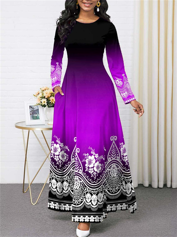 Women's New Trend Printing Round Neck Long Sleeve Long Dress Temperament Commuter Women's Clothing