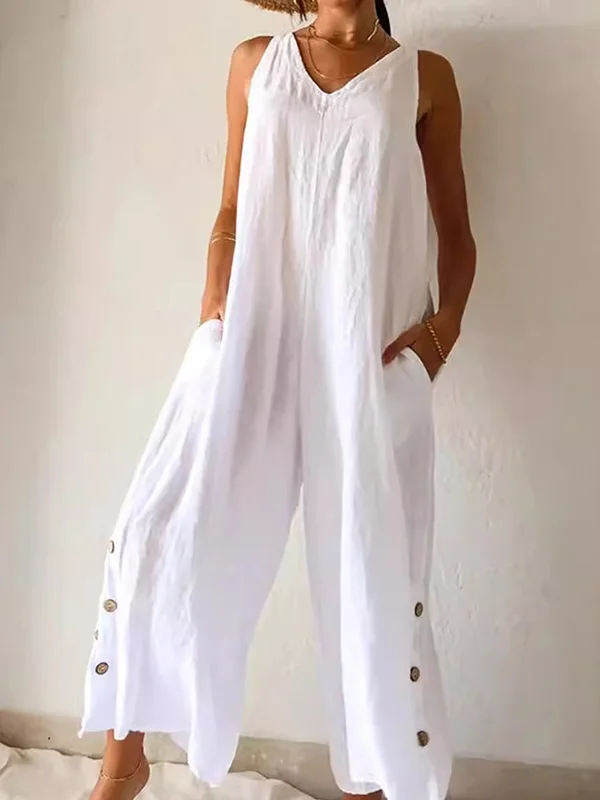 Loose Sleeveless Solid Color Split-Side V-Neck Jumpsuits