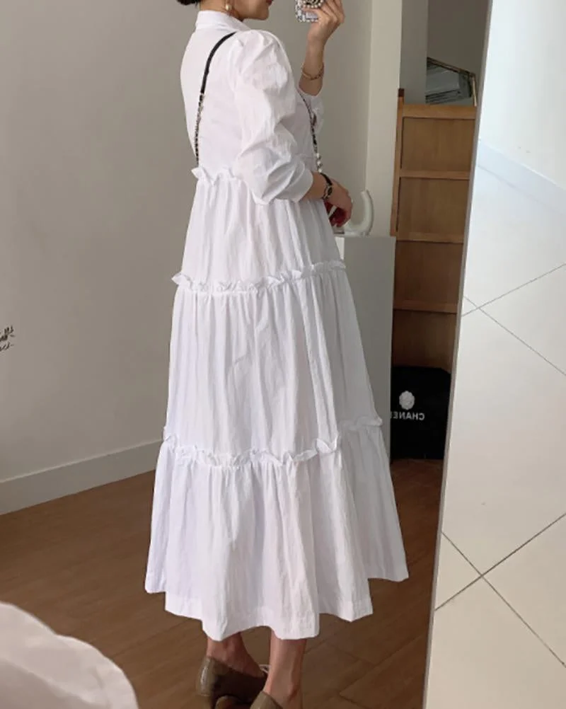 Solid color dress with lapel long sleeves