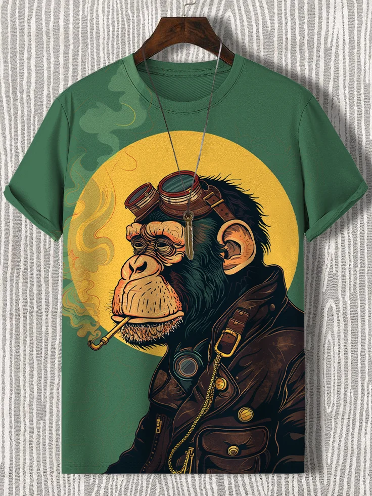 Men's Cyber Pipe Smoking Gorilla Art Print Casual T-Shirt