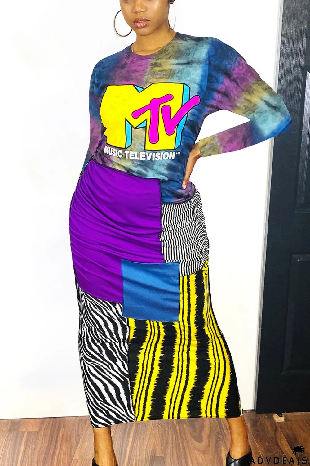 Black and white Elegant Polyester Print O Neck Long Sleeve Ankle Length Long Sleeve Dress Dresses