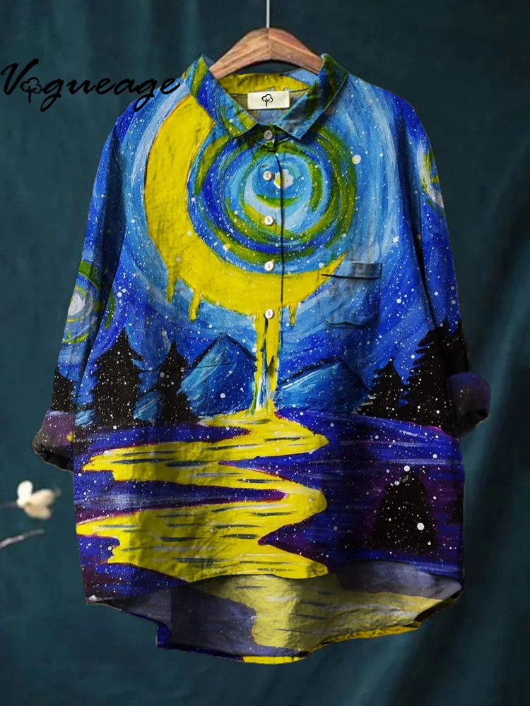 Dreamy Starry Sky Night Moon Hill Pine Tree Print Cotton And Linen Shirt