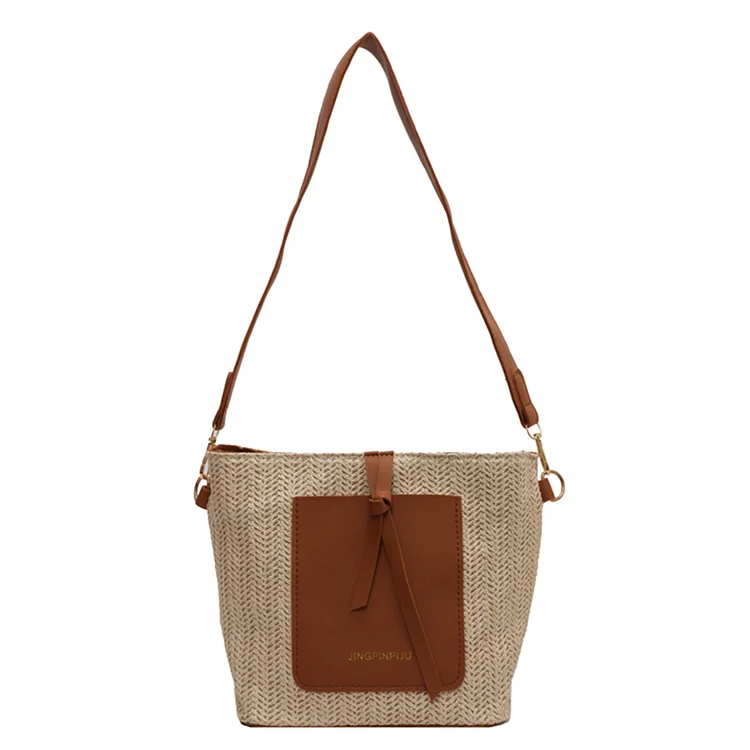 Women Bucket Bag Knitting PU Straw Simple Female Commuter Handbag (Brown)