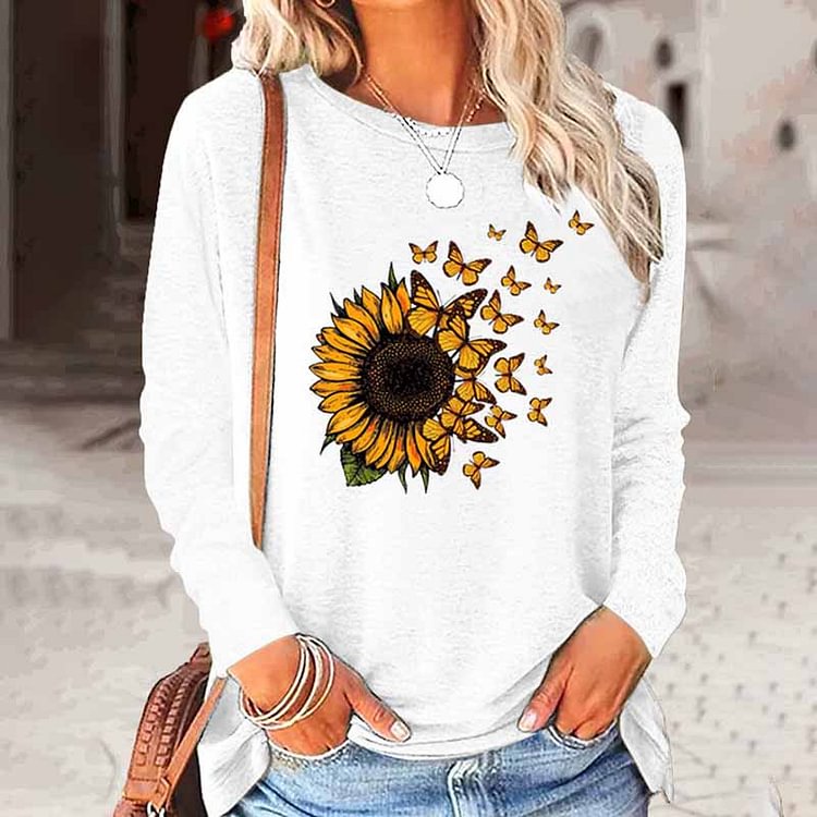 Comstylish Women's Sunflower Butterfly Print Crew Neck Sweatshirt