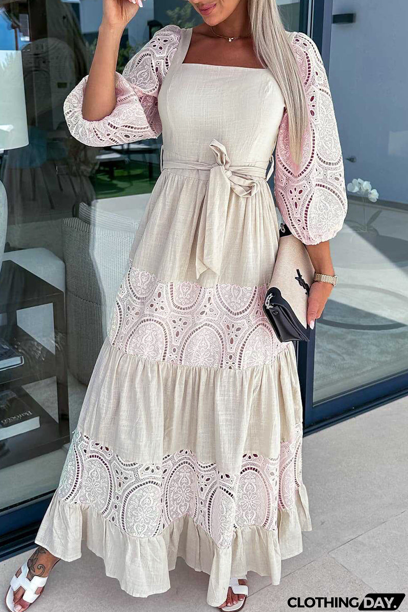 Elegant Solid Hollowed Out Frenulum Square Collar A Line Dresses